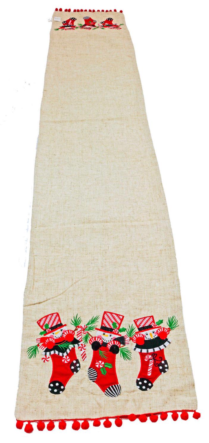 Happy Snowmen in Stockings Table Runner 13x72 inches