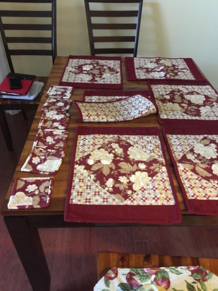 Beautiful Quilted Runner With Place Mats and Drink Mats