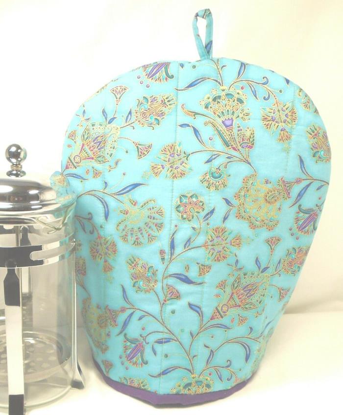 French press coffee maker cozy insulated quilted Art Deco Egyptian floral aqua