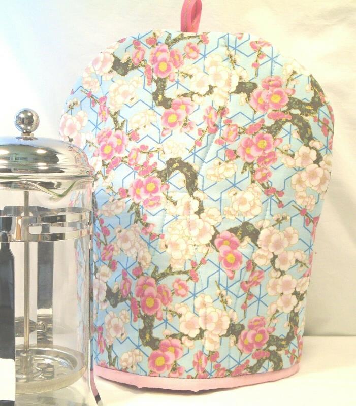 French press coffee maker cozy insulated quilted Sakura cherry blossoms on blue