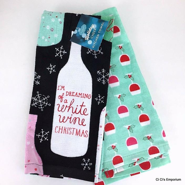 Holiday Kitchen Towels I'm Dreaming Of A White Wine Christmas Set of 2