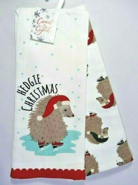 Comet & Cupid Hedgie Christmas Kitchen Towels Set of 2 Ice Skating Hedgehog