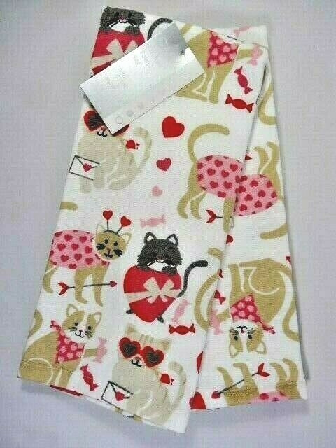 Casaba Valentine Cats and Hearts Kitchen Towels Set of 2 Feline White Red Gray