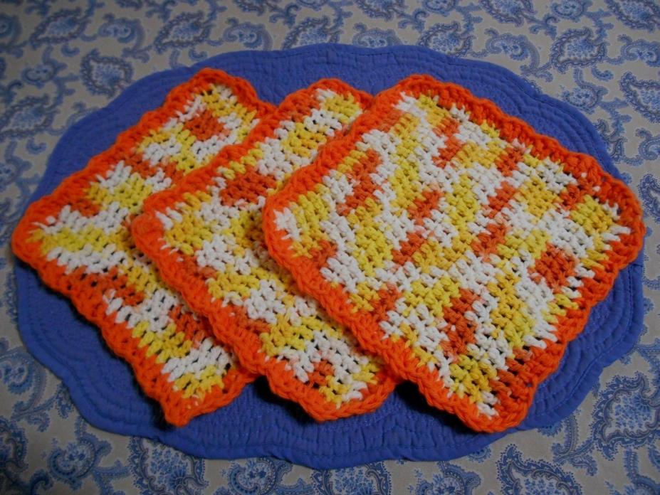 Crochet Dish Cloths Wash Cloths Orange Yellow White with Orange Border Lot of 3