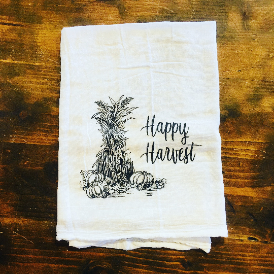 Flour Sack Tea Towel Happy Harvest Pumpkin Cornstalk Dish Towel Wholesale