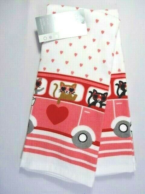 Casaba Pink Van Cats and Hearts Kitchen Towels Set of 2 Feline White Red Gray