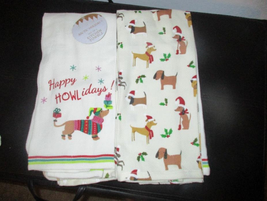 Dachshund Dog Arctic Christmas Holiday Santa Present Kitchen Dish Towel NWT