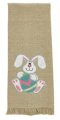 Floppy Ear Bunny Holding Easter Egg Appliqued Cotton Burlap Look Kitchen Towel