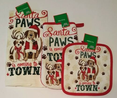 Christmas Kitchen Towel Oven Mitt Pot Holder 3 Pc Set Dogs Santa Paws Red New