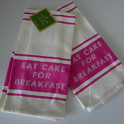 KATE SPADE Pink EAT CAKE FOR BREAKFAST KITCHEN TOWEL Vivid Snapdragon SET 2 New