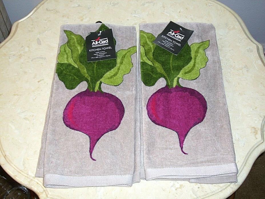 2 Pack All-Clad Kitchen Towel Absorbent Cotton Print Purple Beet Gary 17 X 30