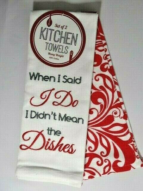 Spoon I Do Didn't Mean the Dishes Kitchen Towels Embroidered Text White Red