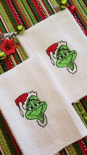Embroidered Grinch Santa Hand Towels Set of 2 Fun Grinch Gift  Kitchen/Bath