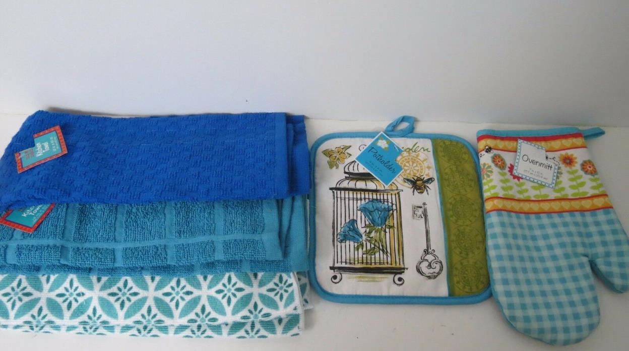 Kitchen Dish Towels and Pot Holder Lot Blue Gingham Floral Bird Cage NEW