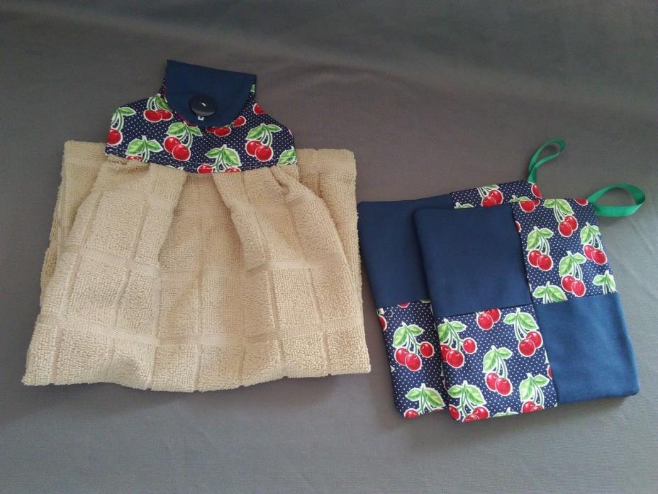 Handmade Cotton Kitchen Hanging Towel and Insulated Potholders - Cherry Pattern