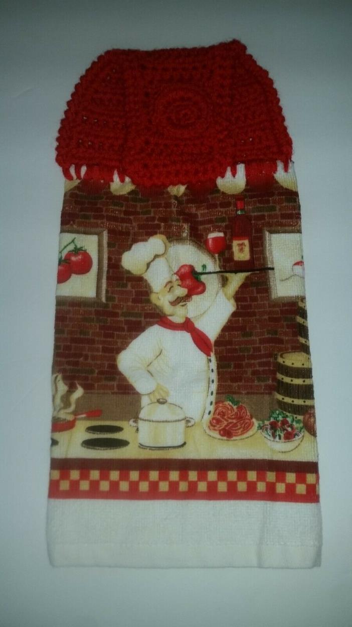 NEW HANDMADE CROCHETED TOP KITCHEN  DISH TOWEL RED CHEF COOKING TOMATOES
