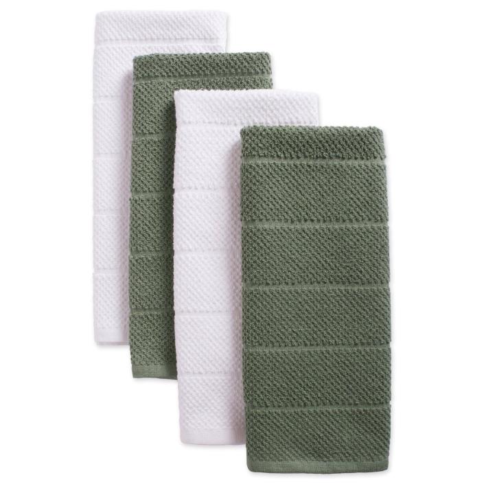 Set of 4 Dish Towels Set 2 Green 2 White Drying Wiping Cleaning Kitchen Tasks