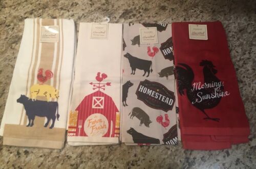 SONOMA HOMESTEAD FARM FRESH ROOSTER COW PIG BARN KITCHEN TOWELS - 4 PC SET