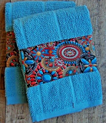 SOUTHWEST/WESTERN RUSTIC KITCHEN TOWELS,SET OF 2,TURQUOISE,TURQUOISE BORDER