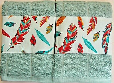 SOUTHWEST/WESTERN RUSTIC KITCHEN TOWELS,SET OF 2,TURQUOISE, FEATHER BORDER