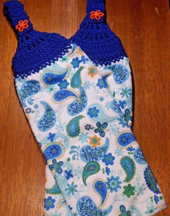 Pair of Hand Crocheted Hanging Kitchen Dish Towels - Blue Paisley
