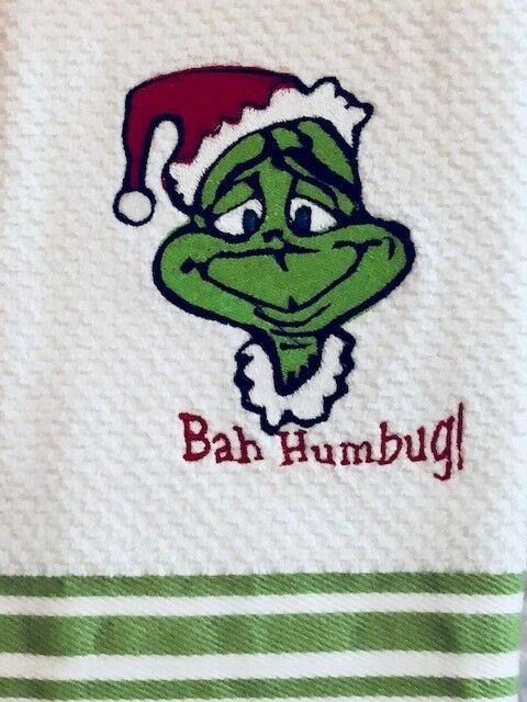 BAH HUMBUG GRINCH  EMBROIDERED ON WHITE  KITCHEN BATH COTTON HAND TOWEL