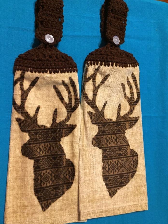 2 Hanging Kitchen Dish Towels Crocheted Deer Head Dark Brown Top