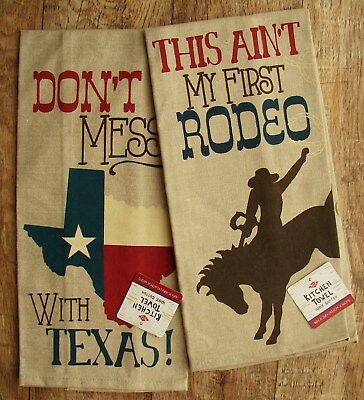 WESTERN TEXAS STYLE RUSTIC KITCHEN TOWELS,SET OF 2,MIXED RODEO AND TEXAS