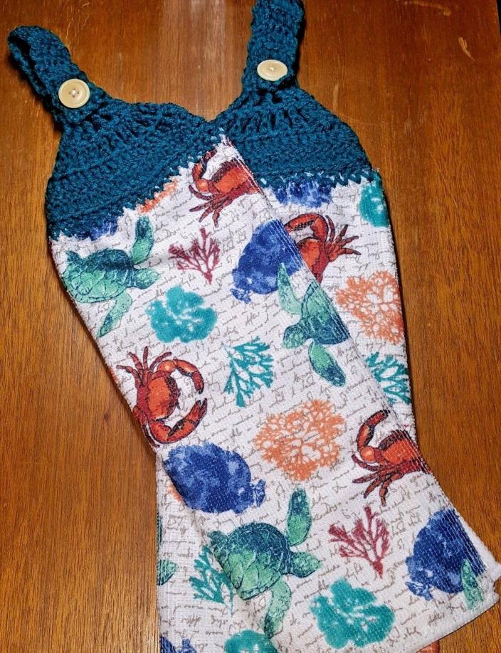 Pair of Hand Crocheted Hanging Kitchen Dish Towels - Under the Sea