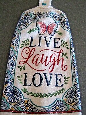Kitchen Dish Towel With A Crochet Top ( #189 -  Live, Laugh , Love)
