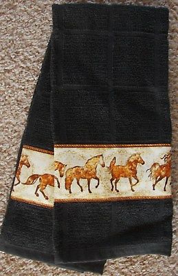 WESTERN RUSTIC KITCHEN TOWELS,SET OF 2,BLACK,BROWN RUNNING HORSE BORDER