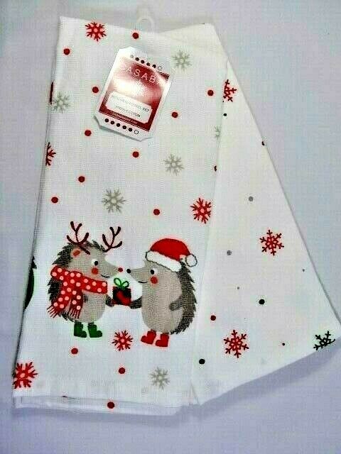 Casaba Christmas Hedgehogs Kitchen Towels Set of 2 Snowflakes White Red Green