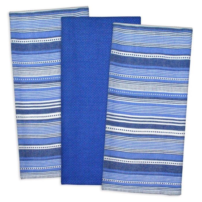 Royal Blue White Set of 3 Urban Stripe Kitchen Cotton 20X30 Dish Towel Set