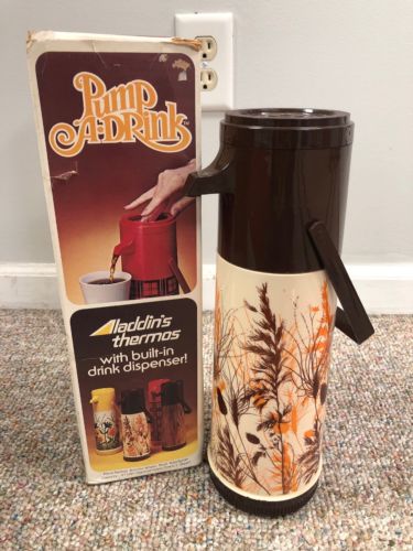 Pump-A-Drink Aladdin Thermos w/ Drink Dispenser Autumn Wheat Glass Pump Vintage