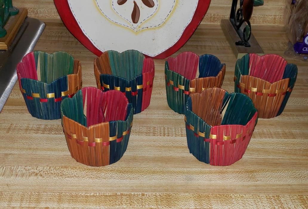 Vintage Lot of 6 Woven Straw/Rattan Multi Colored Glass Holders