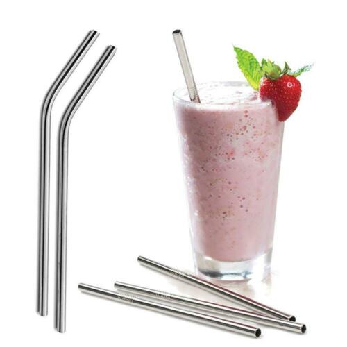 4x Bent Straight Stainless Steel Straws Cocktail Drinking Straw + Cleaner Brush