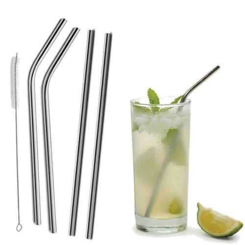 4Pcs Stainless Steel Cocktail Drinking Bent/Straight Straw Straws &Cleaner Brush