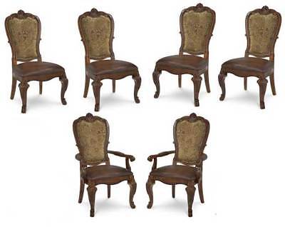 Set of 6 Upholstered Back Leather Seat  Dining Side Chairs - Old World Style