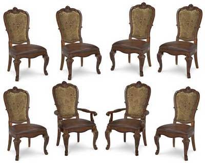 Set of 8 Upholstered Back Leather Seat  Dining Side Chairs - Old World Style
