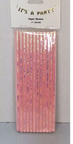 48 Pink Paper Straws Biodegradable Food Safe Iridescent Holographic