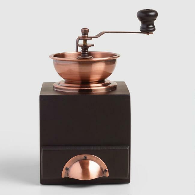 Burr Coffee Grinder Manual Wood Copper Accents Drawer Adjustable Retro Vintage