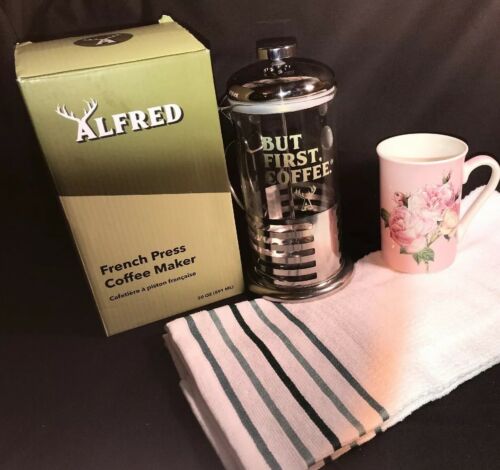 New Alfred Coffee Maker French Press, New Kent Pottery Cup & Tea Towel New