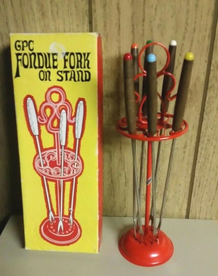 New Old Stock Fred Roberts 7 pc Fondue Forks & Bright Orange Metal Stand in box