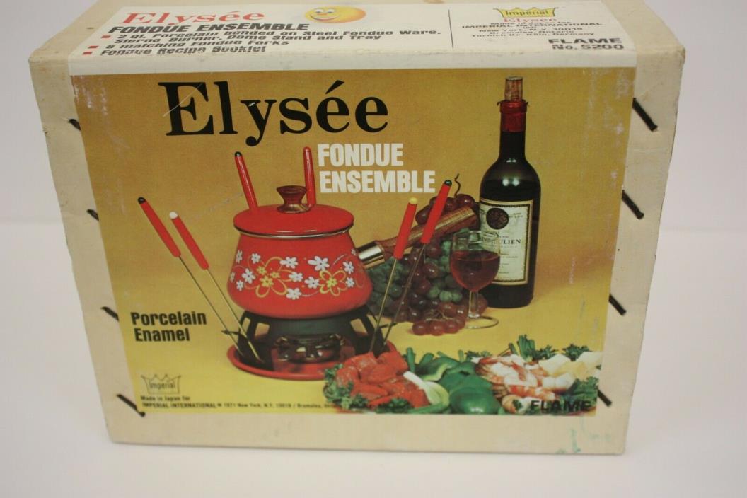 VTG 1971 Imperial Porcelain Enamel Elysee Red Flowers Fondue Set in Box Japan