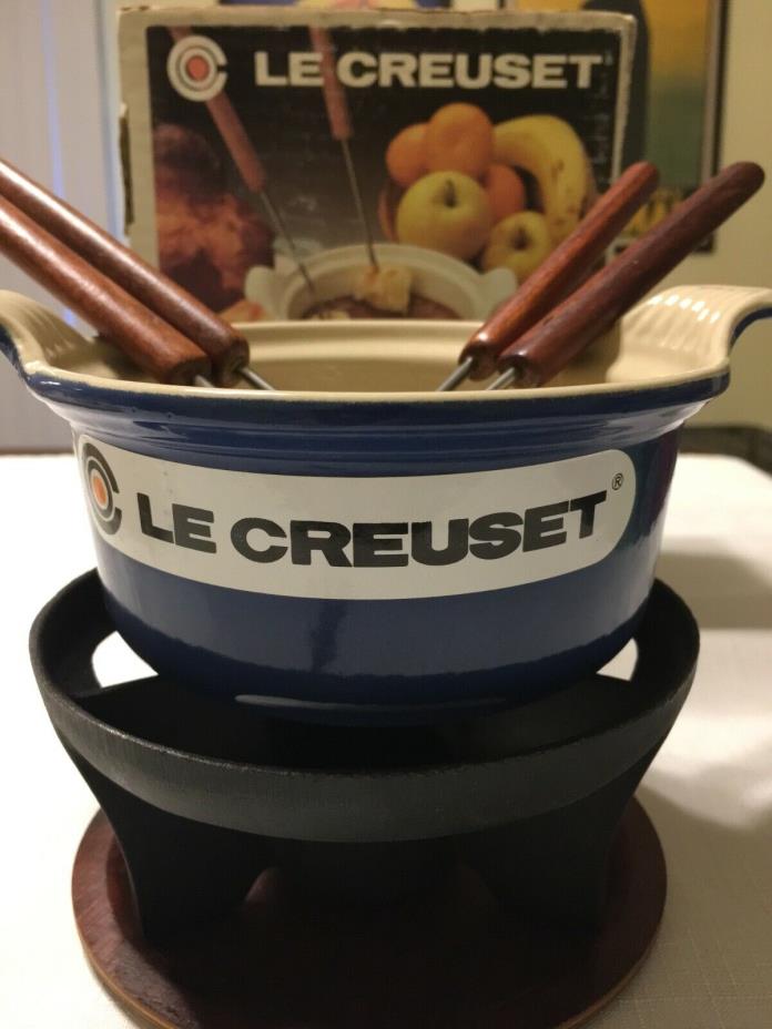 Vintage Le Creuset Blue Fondue Set Chocolate Pot #14 Enamel Cast Iron France NIB