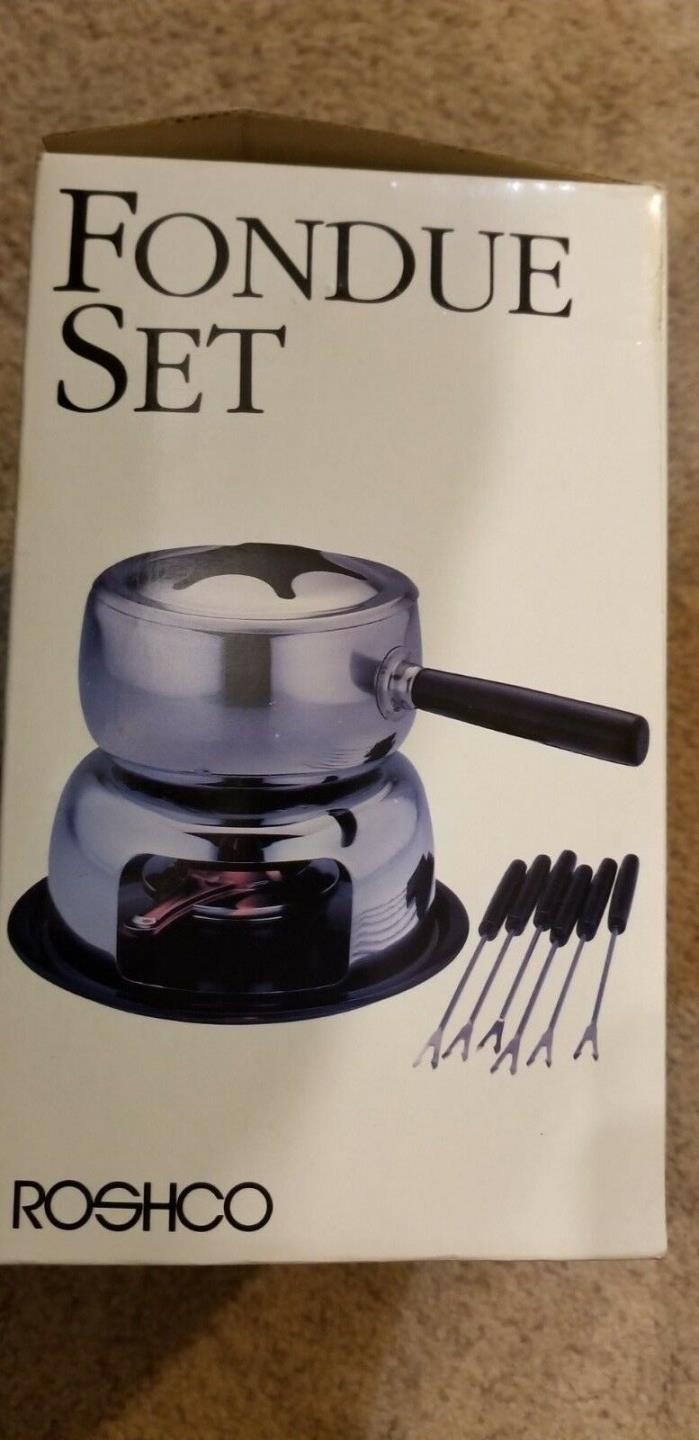 NEW Roshco Fondue Set Stainless Steel Pot Sterno Chafing 6 Forks Denatured Fuel