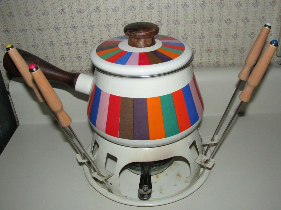 Vtg. San Remo Porcelain Enamel Fondue Set White W/ Colored Stripes Nice