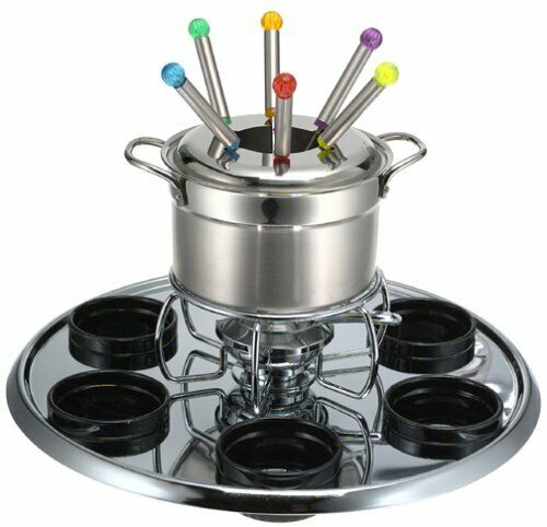 Roshco • Rotating Stainless Steel Lazy Susan Fondue Set • 18 pieces