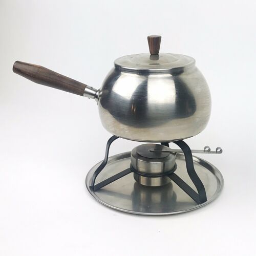 VTG Stainless Steel Fondue Pot Wood Handle Mid Century 60s Serving Made In Japan