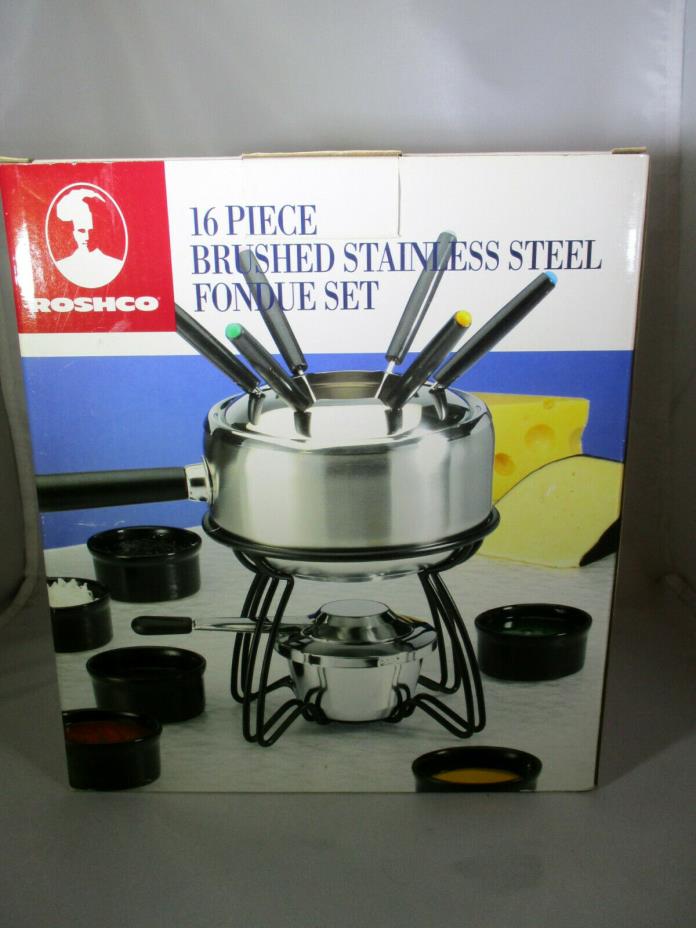 Roshco 16 Pc Brushed 18/8 Stainless Steel Fondue Set Cheese Chocolate Oil